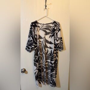 Sheer Tropical Leaf Print Kimono Coverup Black White One Size